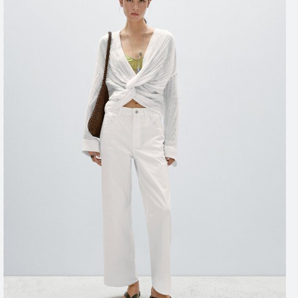 Massimo Dutti Tops - Massimo Dutti Womens Textured Linen Shirt Top L White Knot Front 5115/715 NWT